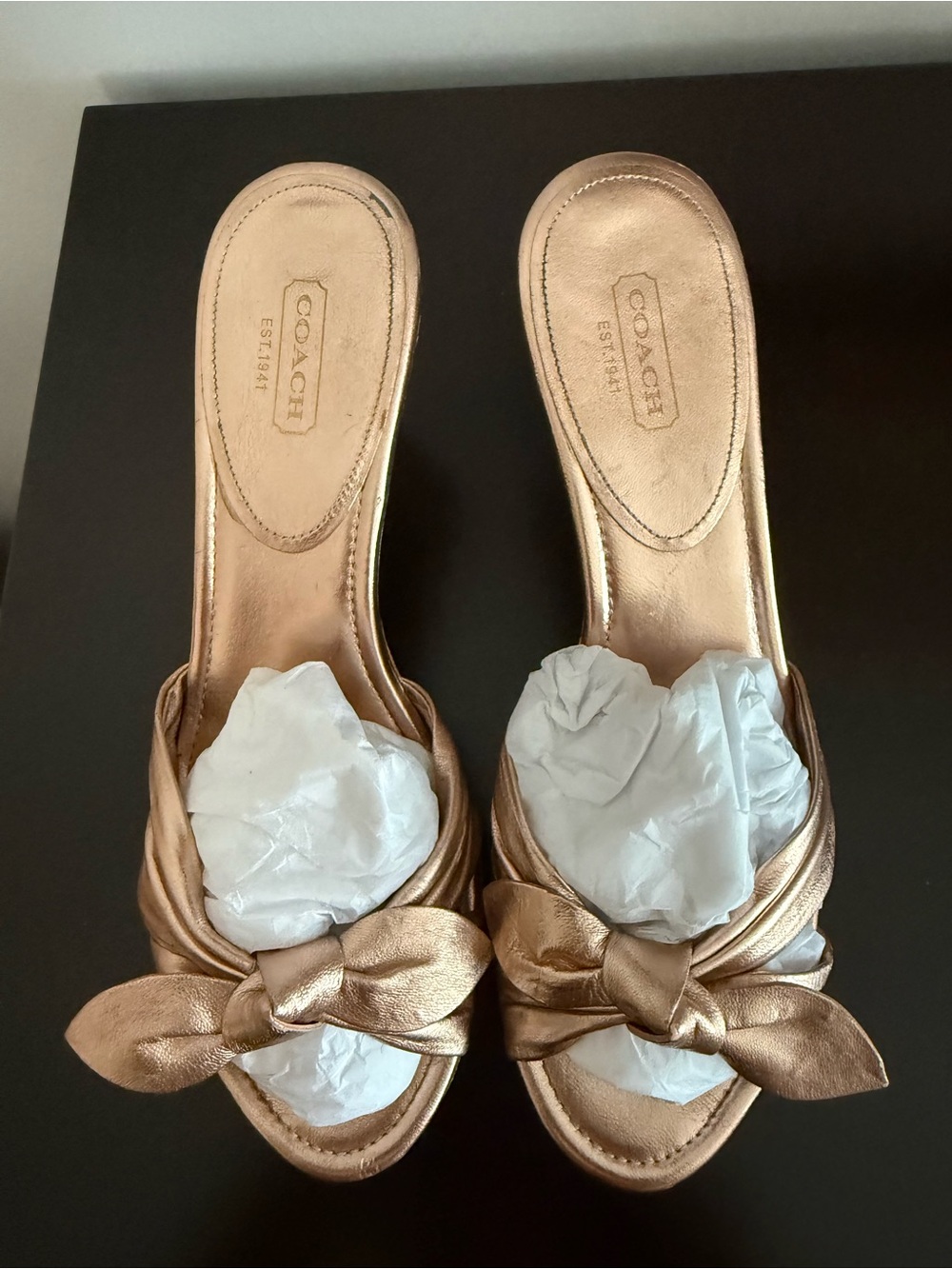 COACH Metallic Rose Gold Bow Slide Mules